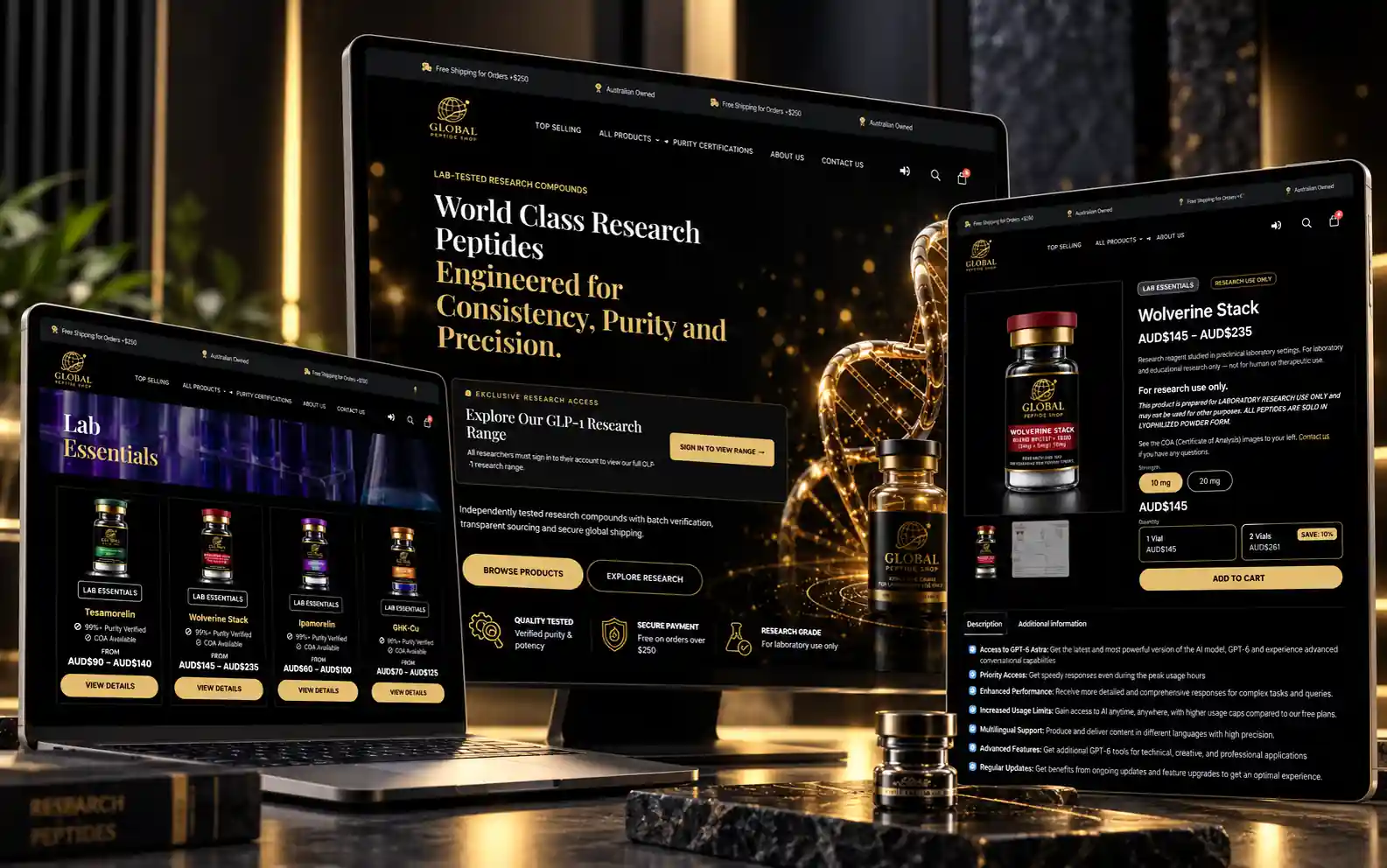 Homepage of the Global Peptide Shop website