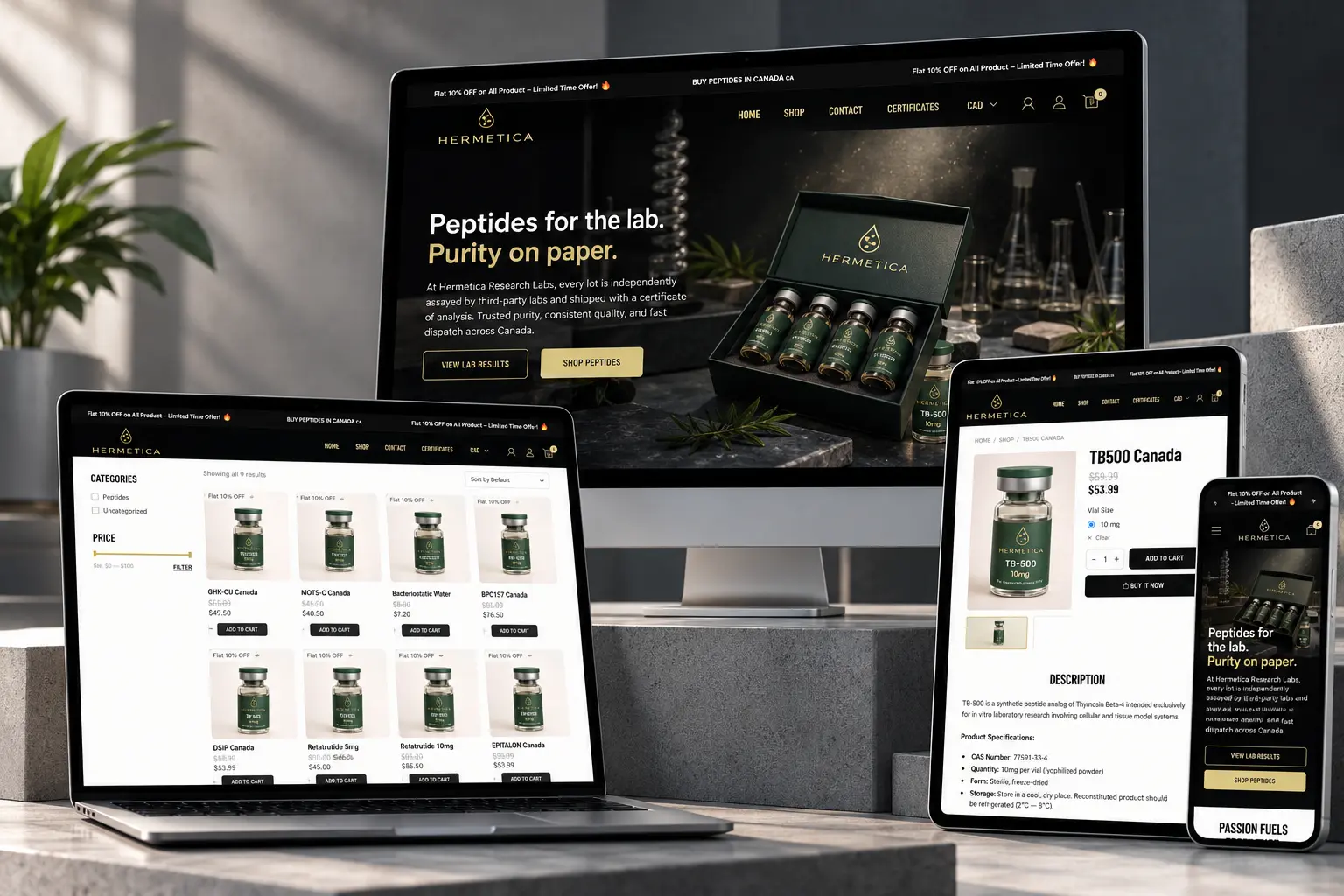 Homepage of the Hermetica Peptides website